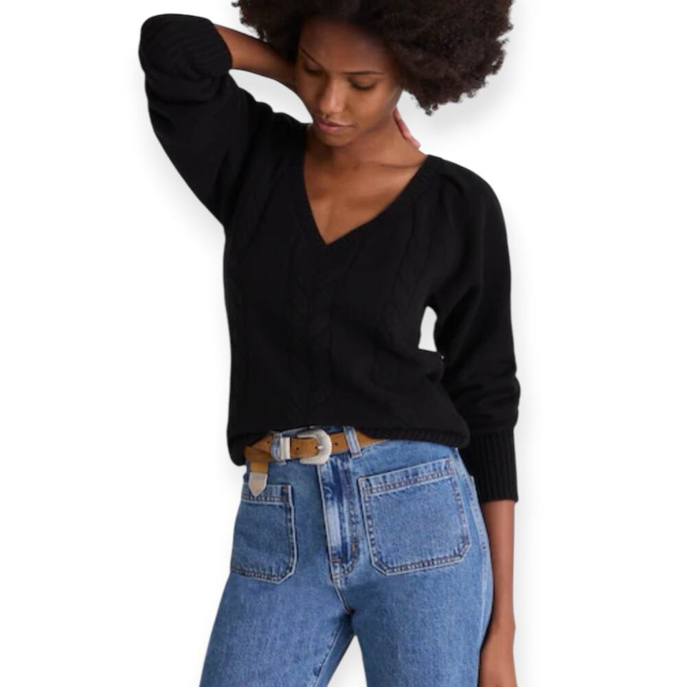 NWT Madewell V Neck Pullover Cable Knit Sweater Merino Wool Black Size XS